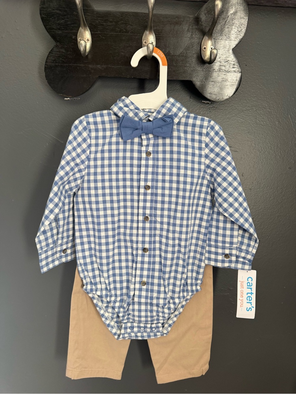 Carter's Blue and White Gingham Button-Front Bodysuit with Blue Bow Tie